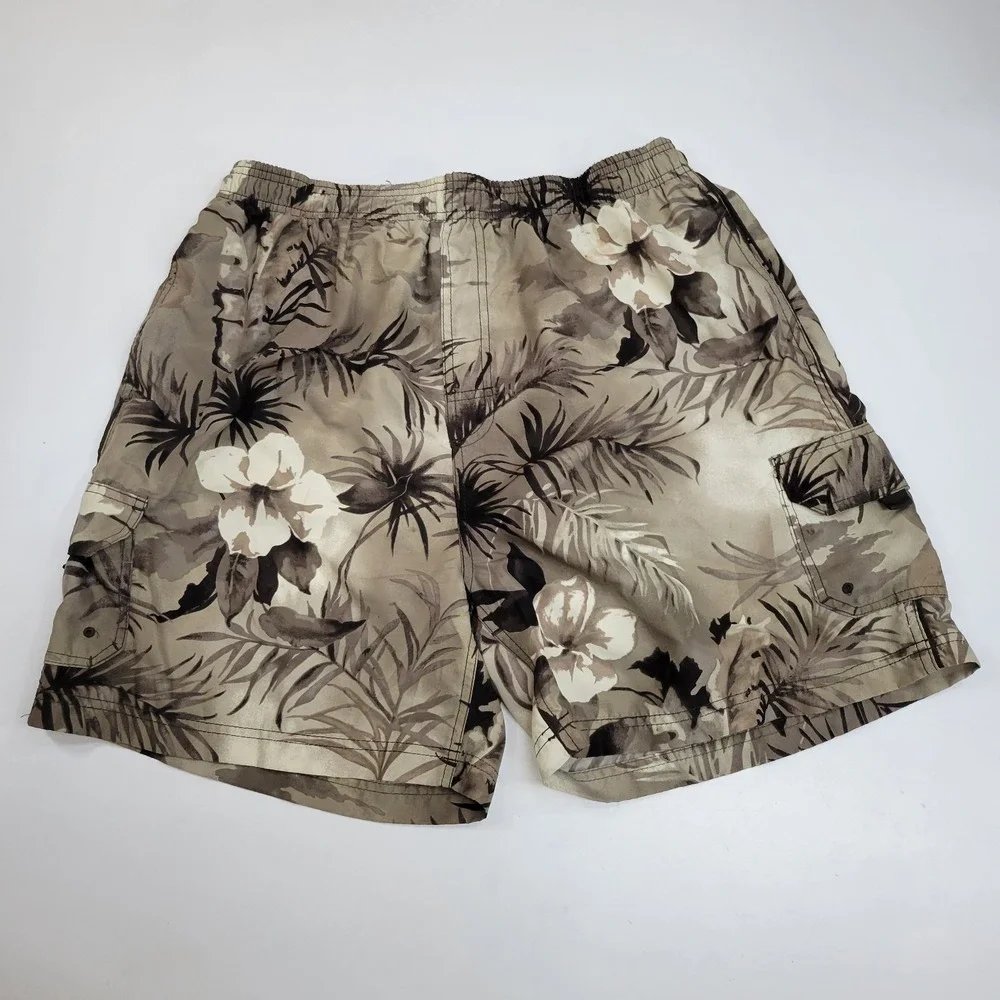 Sand & Sun‎ Men's Hawaiian Floral Cargo Swim Trunks Beige Large Beach Sz Large